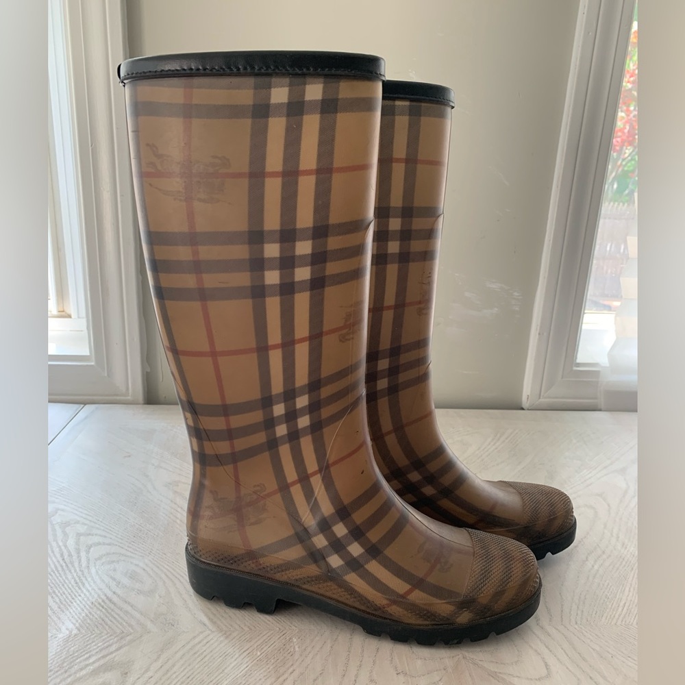 Burberry Womens Rain Boots Beige Haymarket Check Knee High Waterproof Fits 6.5